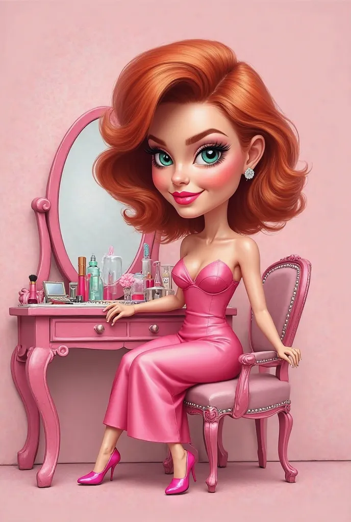 I want you to create a digital caricature of a Barbie-themed woman with pink shades of a slightly plump woman wearing a pink dress and shoulder-length red hair sitting on a dressing table with makeup and hair accessories. I want it to have the caption "Hap...