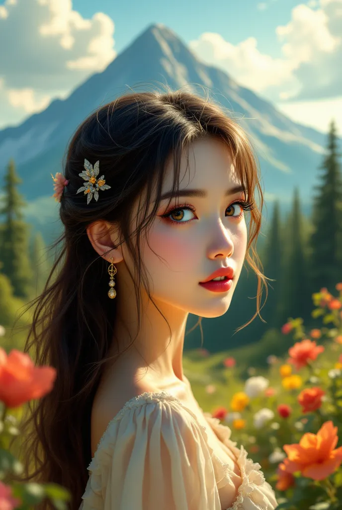  portrait,  Anime style, Beautiful girl with long hair curl,  hair clip, lush eyelashes, beautiful colored lips,  earrings, with beautiful gloss, Beautiful eye color, mascara, on a beautiful sunny background,  Masterpiece , forests,  flowers, clouds, Bette...