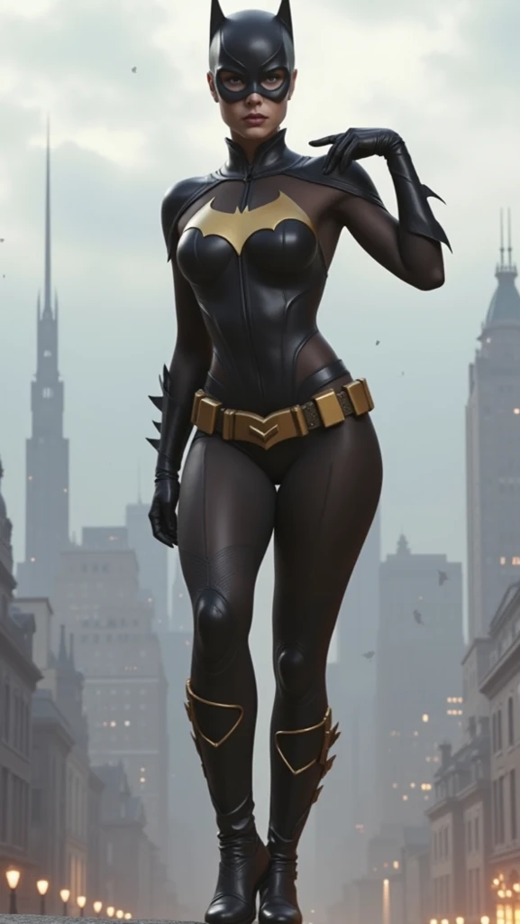 HOT voluptuous BATWOMAN, BLACK AND golden TIGHT suit AND MASK, STRONG FIT LEGS, IN THE NIGHT IN A GOTHIC CITY. NATIONAL GEOGRAPHIC STYLE