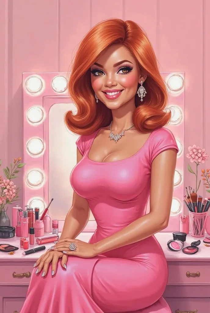 I want you to create a digital caricature of a Barbie-themed woman with pink shades of a slightly plump woman wearing a pink dress and shoulder-length red hair sitting on a dressing table with makeup and hair accessories. I want it to have the caption "Hap...