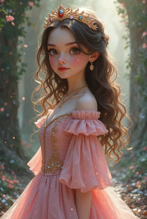 A Disney princess of 1,55 CM tall, brown hair, brown eyes, light skin, red lips, wearing a pastel pink dress but with details that refer to Susan from Narnia and Voldemort from Harry Potter. 