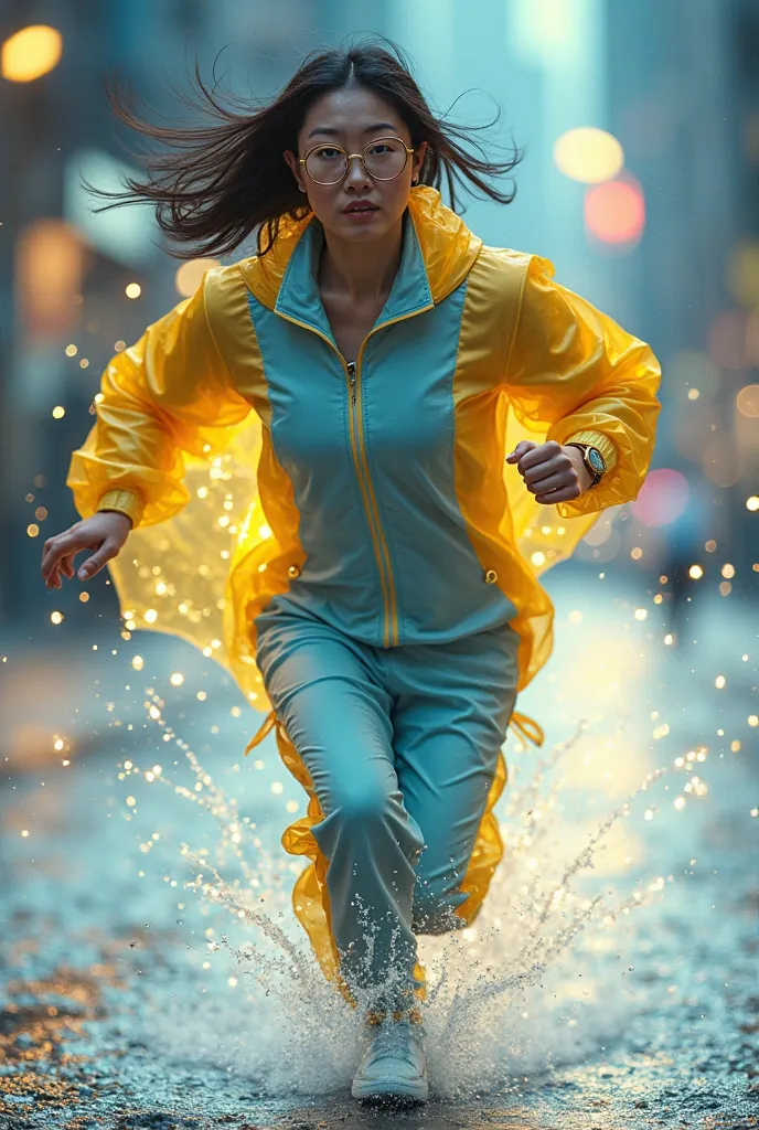 Middle-aged Chinese Japanese women wear, high-tech(( blue yellow)). running effect. Yellow energy glow. Fast acceleration effect. Wear large blue large-rimmed glasses.running speed of light. Running athlete. Braces teeth.  bokeh background . Pan effect. Ye...