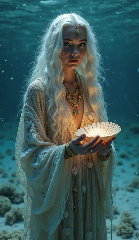 Ultra realistic 8k from afar standing holding a shell on the bottom of the sea at night, A young and beautiful sensitive gypsy ,   she has wavy white hair  ,    blue eyes and shells , lots of gold accessories  