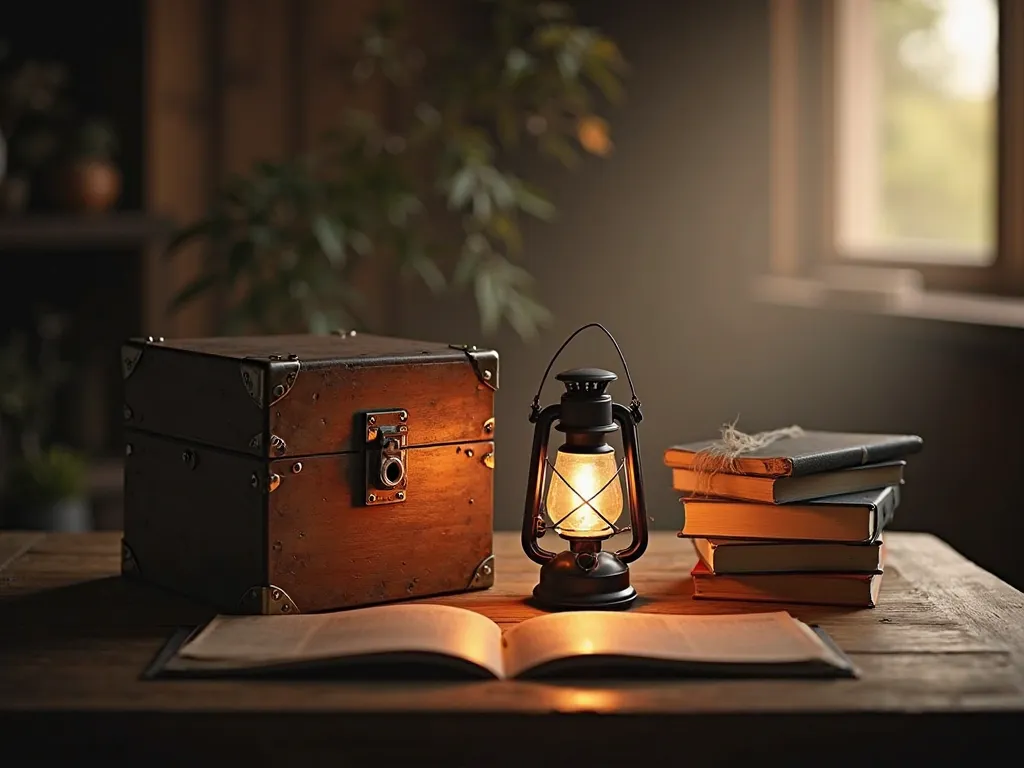 A symbolic still-life composition on a wooden table with three key objects under warm, moody lighting: a sturdy locked box, representing security and protection; a glowing lantern, symbolizing hope and guidance; and a neatly stacked set of books, signifyin...