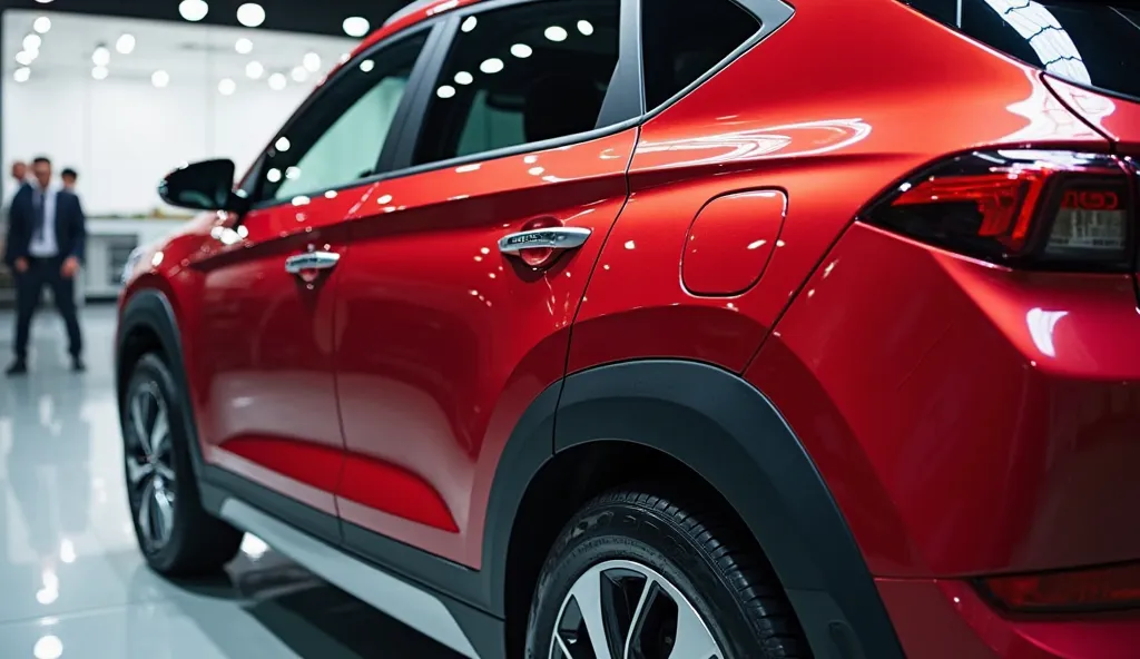 A Crimson Red 2025 Hyundai Tucson Hybrid Limited AWD, captured in a close-up left-side view, showcasing its sleek body lines and glossy finish. The black side mirrors and window trim contrast beautifully with the vibrant red paint. The sharp LED headlights...