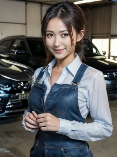 female mechanic, oil-stained clothes, hair tied back, car, repairing engine, working, practical, ((masterpiece)), ((best quality)), (ultra-detailed), ((beautiful eyes)), Japanese female, (slender:1.3), ((30 years old)), beautiful, (flat chest:1.1), (cheerf...