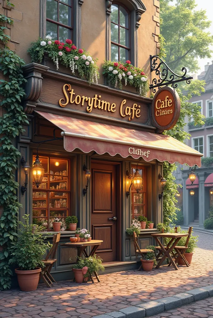 Create a café that names storytime café, it should be the outside of the café and vintage style 