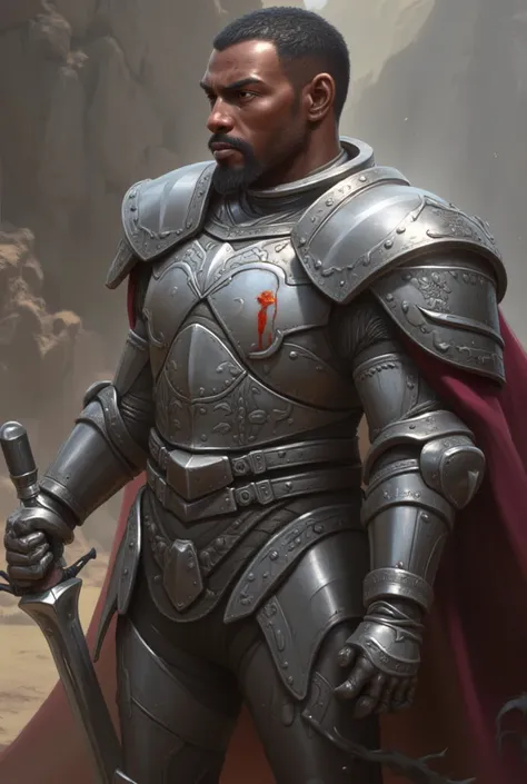 Man in armor holding a sword in his left hand this armor has to be silver with a fight mark this man has to be black