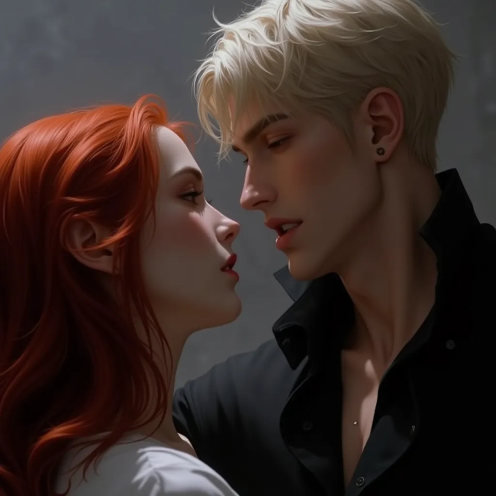 Platinum blond guy in a black shirt reaches out to kiss ,lips slightly open,girl with bright red hair,grey wallpaper background ,close-up,lip zoom,runs away from the mountain High quality ,HD