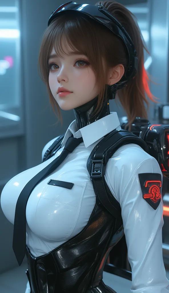 Android cybernetics police agent, wear white formal shirt, black tie, utility bodybelt harness, voluptuous body, so  beauty, so cute. 