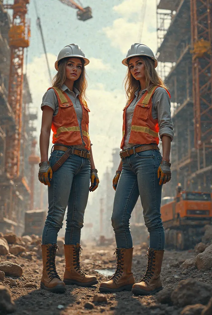 Girls in white helmets stand at a construction site