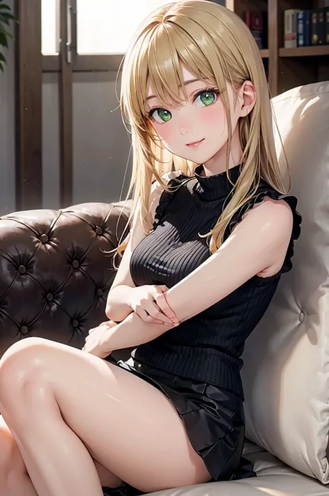  8k resolution,((highest quality)),Ultra High Resolution, Adult Female, alone,  sexy, (gentle smile), ( lime green eyes ), Beautiful Symmetrical Face, (blonde straight long hair hugging viewers' arms),sleeveless neck shirt,check miniskirt excluding the roo...