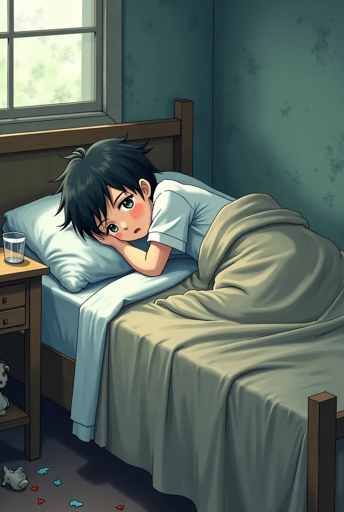 Make me a  sick with fever lying on a bed. The  is low-income (poor). Que sea estilo anime japones y q se vea poor si