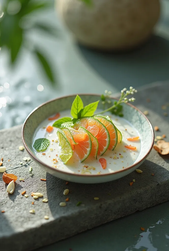 You are a world class painter, I want you to draw a virtual reality, an ancient Thai dessert made from grapefruit leaves and coconut milk laid out at a minimalist stream table.