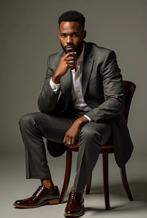 un homme africain assis, habillé en tenue  americain . Il adopte une posture réfléchie, avec son index posé sur sa tempe et son regard sérieux dirigé vers l’objectif. Son autre main repose sur sa jambe. Son attitude et son expression suggèrent la concentra...