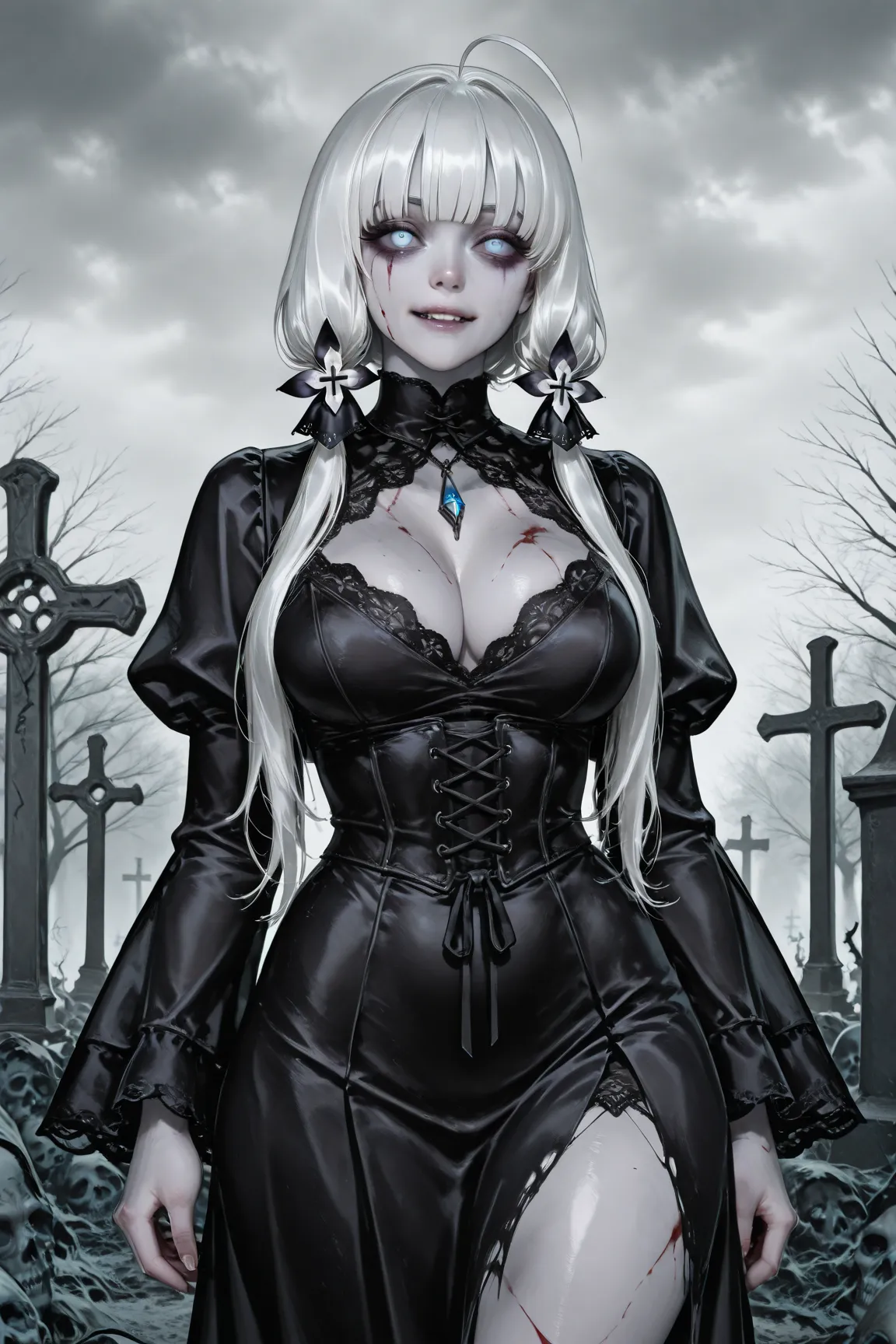 A busty curvy zombie woman with ripped clothing, detailed facial features, haunting expression, tattered clothes, decaying skin, bloody wounds, walking through a dark, gloomy graveyard, overcast sky, dead trees, fog, moonlight, gothic, horror, photorealist...