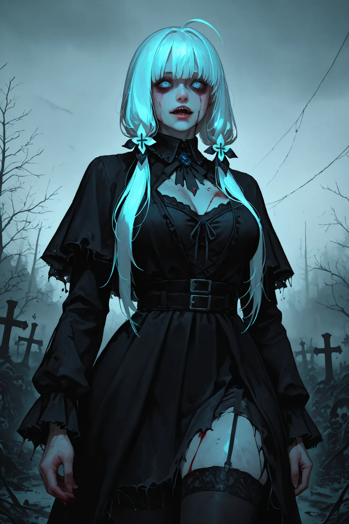 A busty curvy zombie woman with ripped clothing, detailed facial features, haunting expression, tattered clothes, decaying skin, bloody wounds, walking through a dark, gloomy graveyard, overcast sky, dead trees, fog, moonlight, gothic, horror, photorealist...