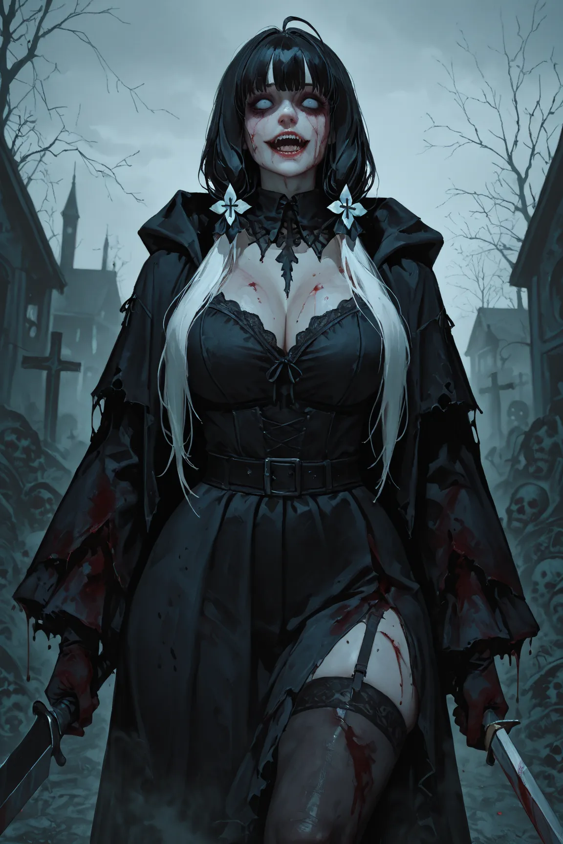 A busty curvy zombie woman with ripped clothing, detailed facial features, haunting expression, tattered clothes, decaying skin, bloody wounds, walking through a dark, gloomy graveyard, overcast sky, dead trees, fog, moonlight, gothic, horror, photorealist...