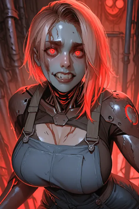 A busty curvy zombie cyborg woman with ripped clothing and damaged cybernetics