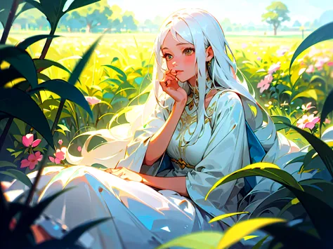  masterpiece,Best Quality, A girl with long white hair sits in a field of greenery and flowers, her hand under her chin , Warm light ,white dress,Blurred foreground,High Resolution, EXTREME DETAILS ,major,realistic,Vivid colors,depth of field