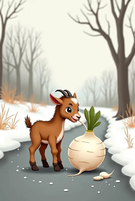 on a road in a farm a baby goat is mouthing off a white radish in the cold winter 