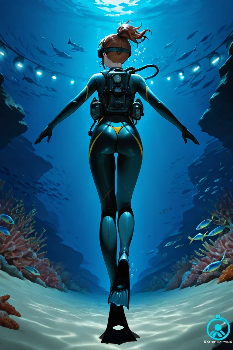 woman swimming under the deep ocean, woman facing away from POV, dim lighting around environment, woman lit by flashlights, dynamic swimming pose, sand and fish in back ground, wearing thin strap micro bikini and high waisted thong, scuba gear, small breas...