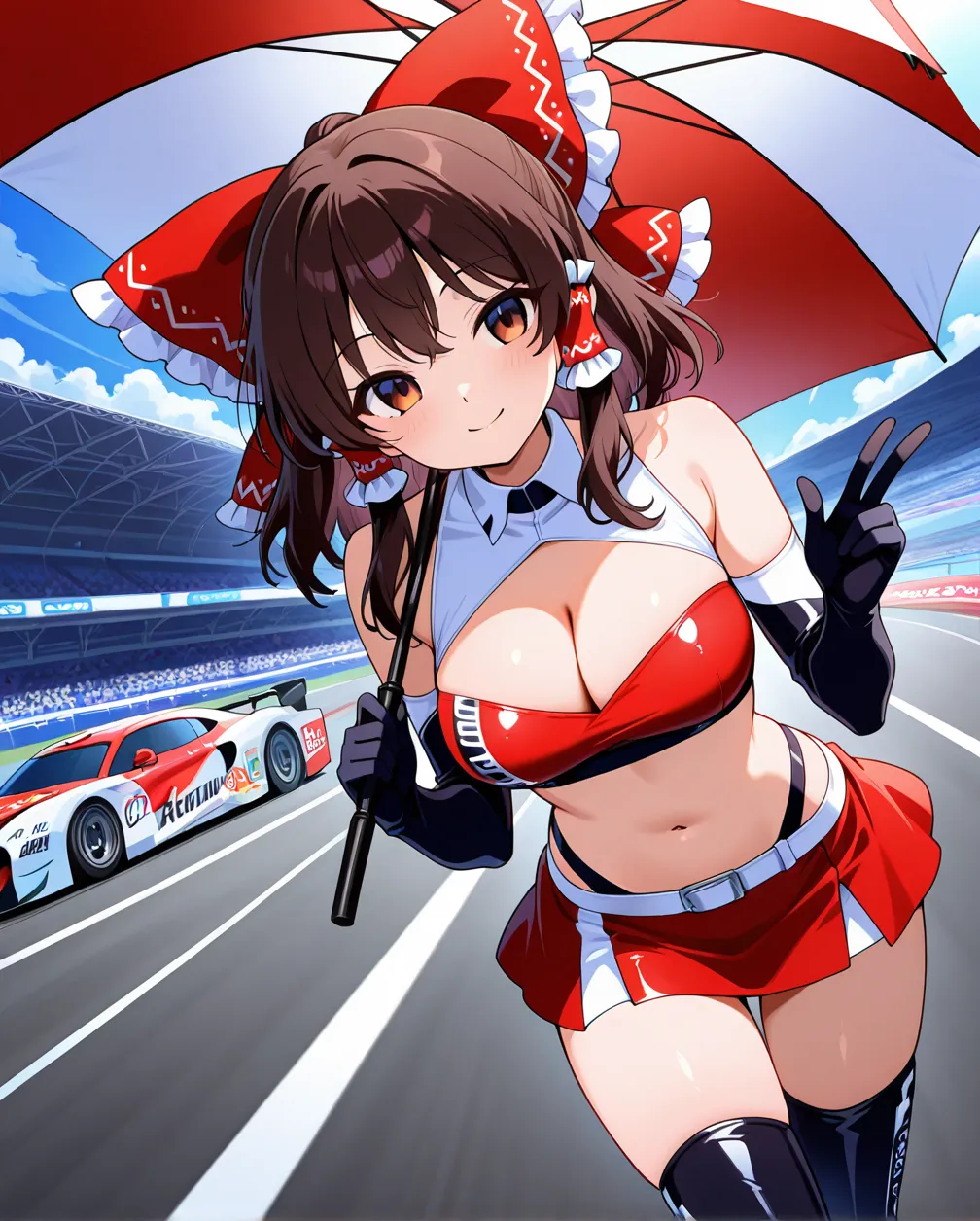 ,anime,lighting forward,race circuit,(clothing race queen costume:1.2),hakurei reimu, (large breasts),smile,,,dynamic angle, ,, gloves, cleavage, skirt, navel, black gloves, holding parasol, elbow gloves,race queen's long boots