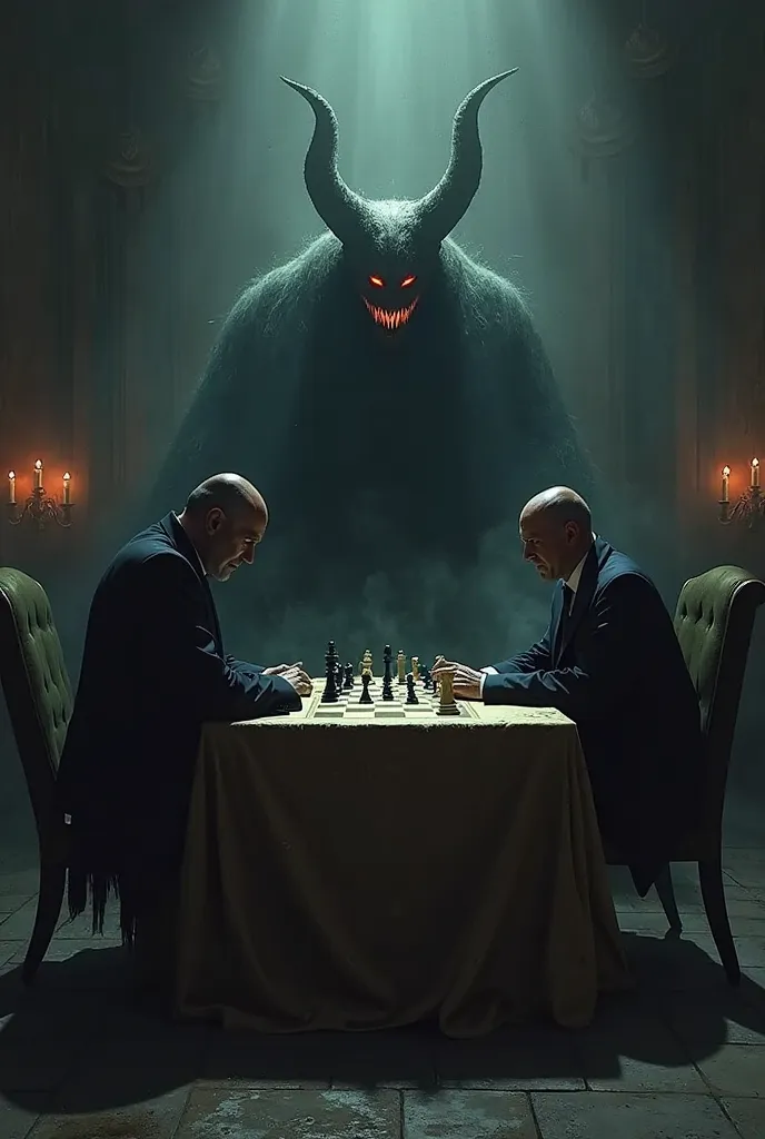 devil playing chess with grandmaster in suit. dark style