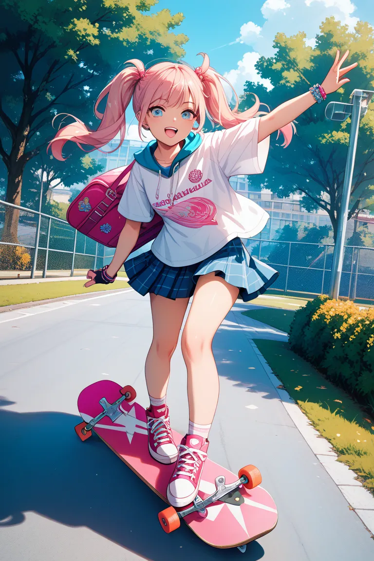 Girl with pink and purple hair in twin tails skateboarding at a skateboard bark middle school student