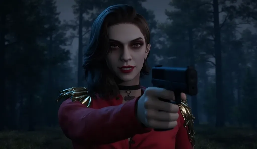 Woman holding up a handgun，and looks fearfully at the dark shadows in the dark forest