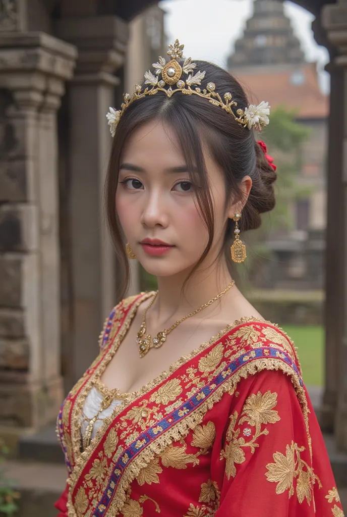 National Geographic picture image since 1960s, view a thai princess in ancient thai culture uniform, she is a very beautiful young woman, portrait image focus to face and body of her, inside ancient castle