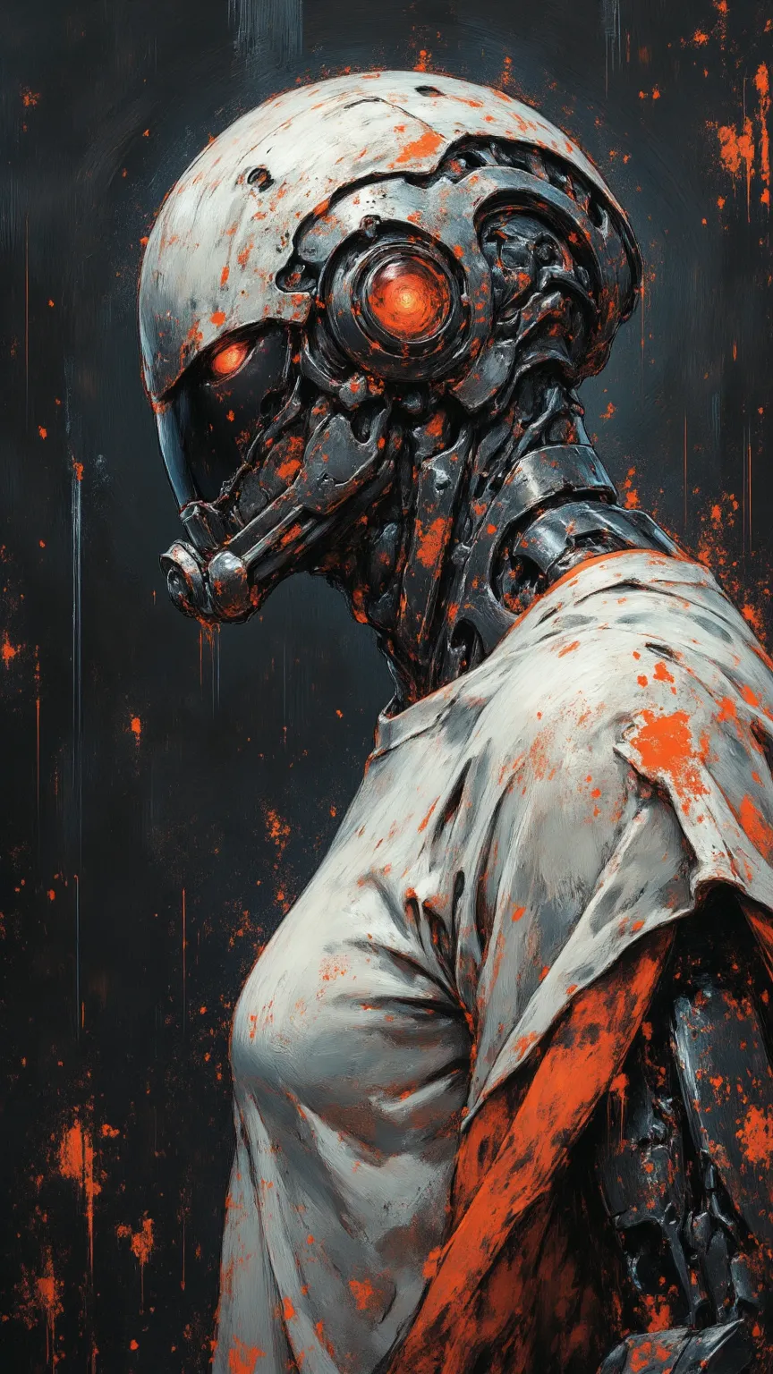 Futuristic Robot Watercolor,Metal Body Shattered White Cloth Covered in Rain,Dangerous Red Eye,Bright Round Light,Low Angle Strong Sense of Presence,Dark Industrial Background Imminent Danger,Dramatic Rage Unusual Atmosphere,Highly Realistic 4K,Extreme Det...