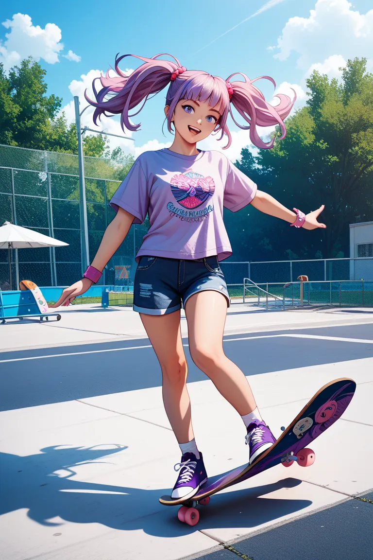 Middle school student with twin tails and pink and purple hair skateboarding at a skateboard park