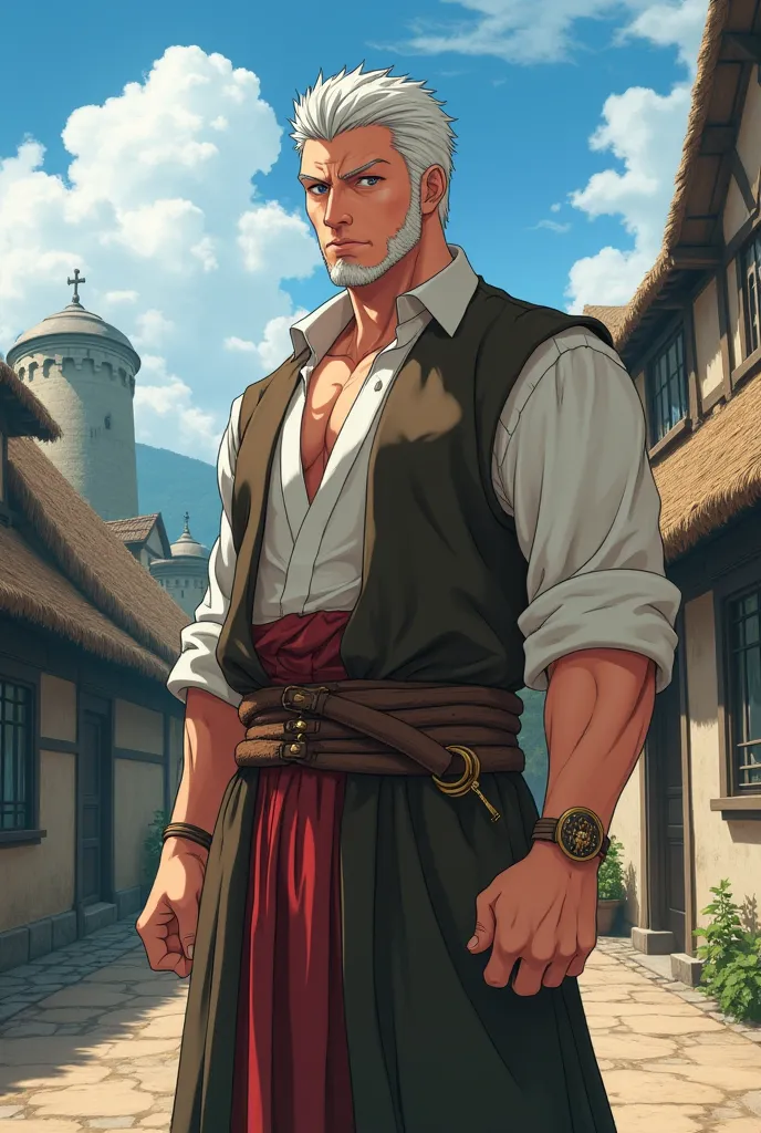 Anime , handsome strong father, White short hair, medieval villager outfit