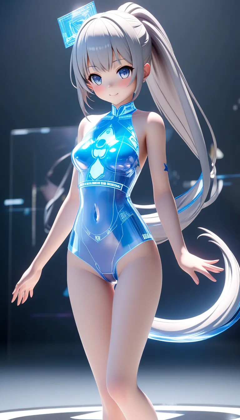 Light yellow mutsuki、Asagi Mutsuki、Game『Blue Archive』 characters、side tail。 Silver Hair。naked body。virtual idol  。 \  character "  atlus"\, alone, ((   Transparency ３d,   transmission processing using holographic projection , 。 clear texture  )),  。 BREAK ...