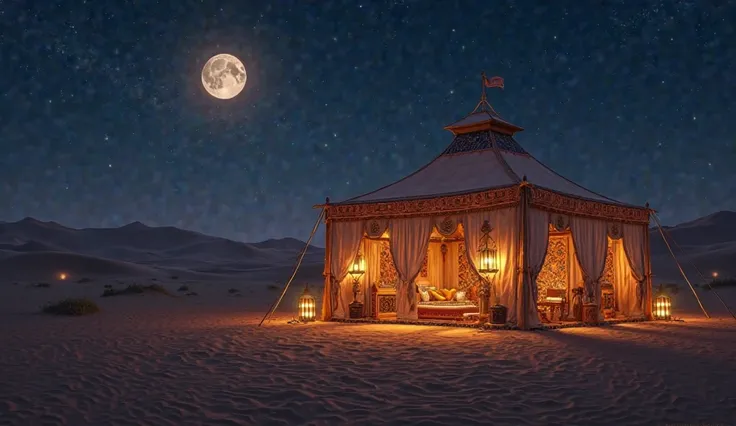 "A beautifully lit Arabian tent at night, glowing warmly in the vast desert, decorated with rich fabrics, lanterns, and traditional patterns."