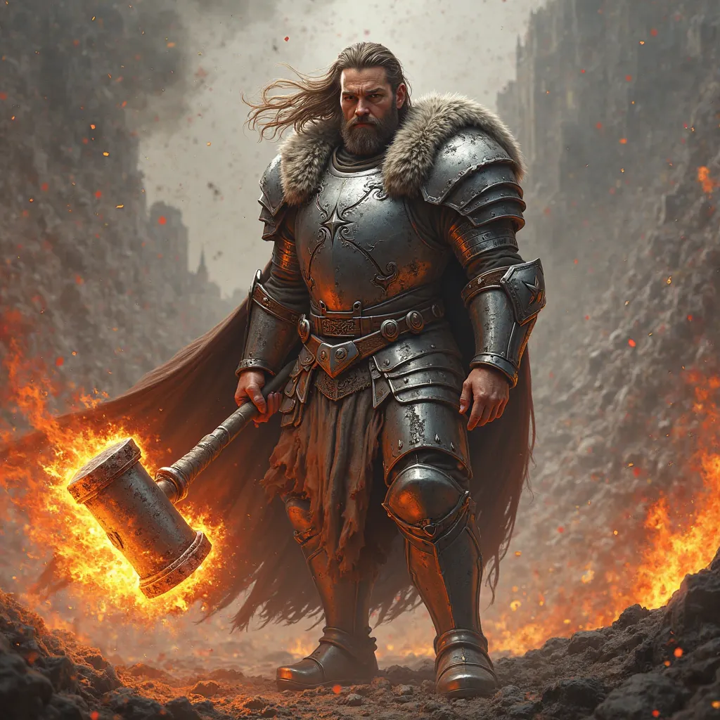 man with long brown hair in back hairstyle wearing a silver armour with gray fur who is holding a war hammer in flames with both hands is standing in the middle of a medieval battlefield in flames