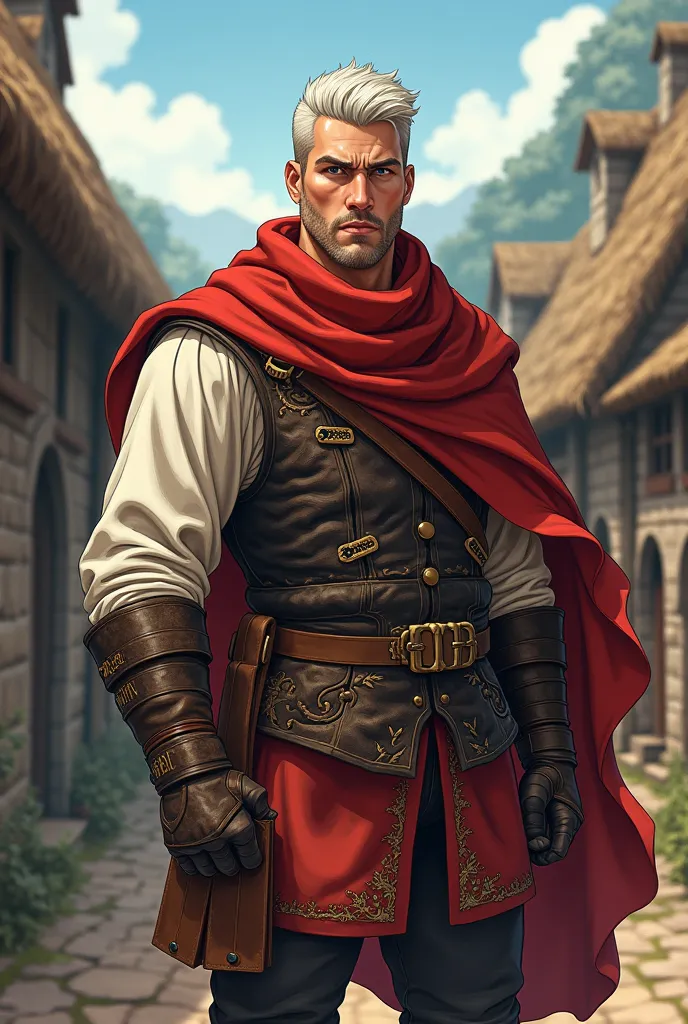 Anime , handsome strong yung father, White short hair, medieval villager outfit