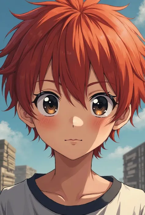 Boy with black eyes and short red hair anime style 