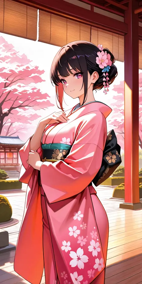 A beautiful woman in a traditional Japanese garden, 1girl, elegant hair, cowboy shot, ornate SAkura pink-blue kimono, cherry blossoms, elegant pose, serene atmosphere, (best quality, masterpiece:1.2), ultra-detailed, vibrant colors, chiaroscuro lighting, U...