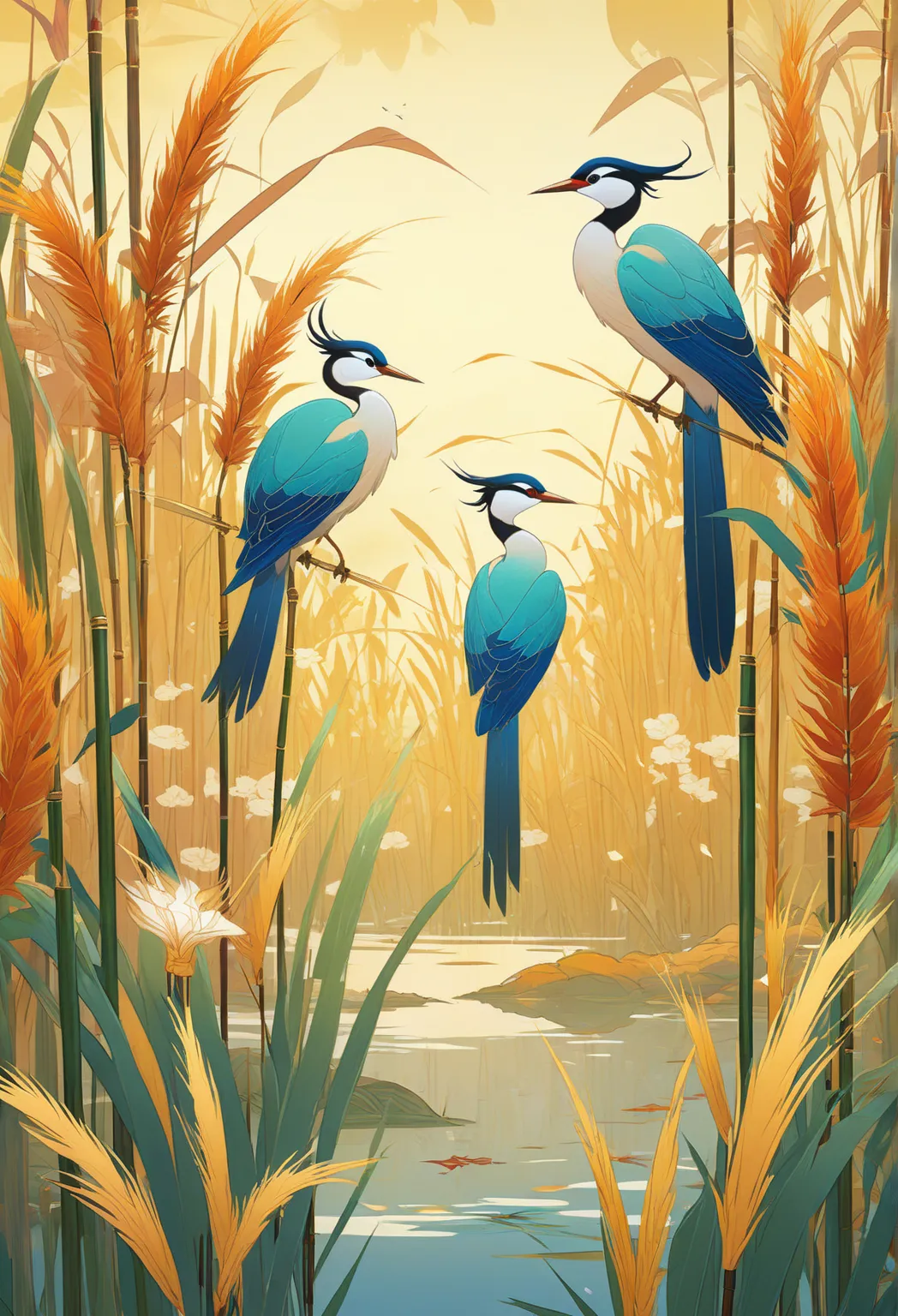 Two birds on the reeds, Late autumn festival，2D game art style, digital art techniques, Organic biomorphology，Chinese style，Chinese