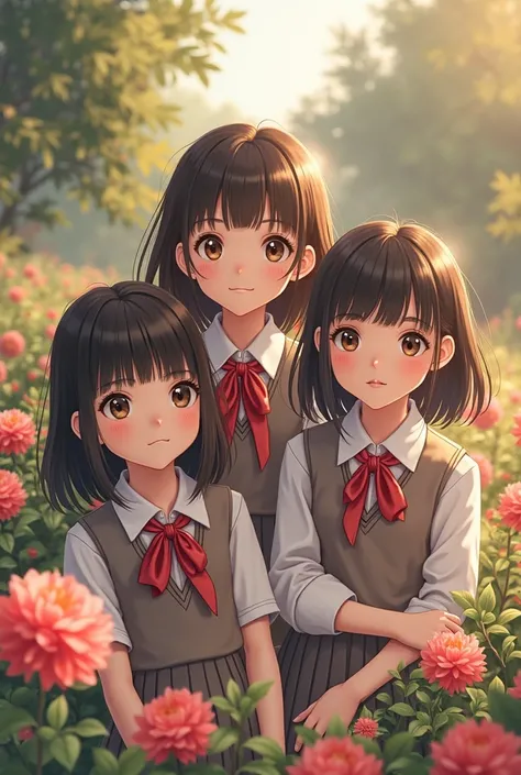 "pictures of realistic s ( about  ), 3rd grade students, in school uniforms, with flowers . Ordinary s, without staged makeup, with natural facial expressions."