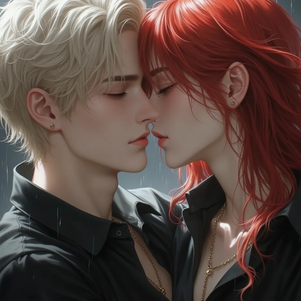 HD,realism,art,close-up, Paren, platinum blond short hair ,sketch in a black shirt  ,lips ajar after a kiss ,lip spacing,girl with bright red long hair,rain drops are rolling down their faces ,close-up,lip zoom,runs away from the mountain High quality ,HD,...