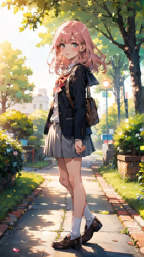 1girl, Full body+standing, Front view, simple background, Pink hair, School uniform, Brown loafers