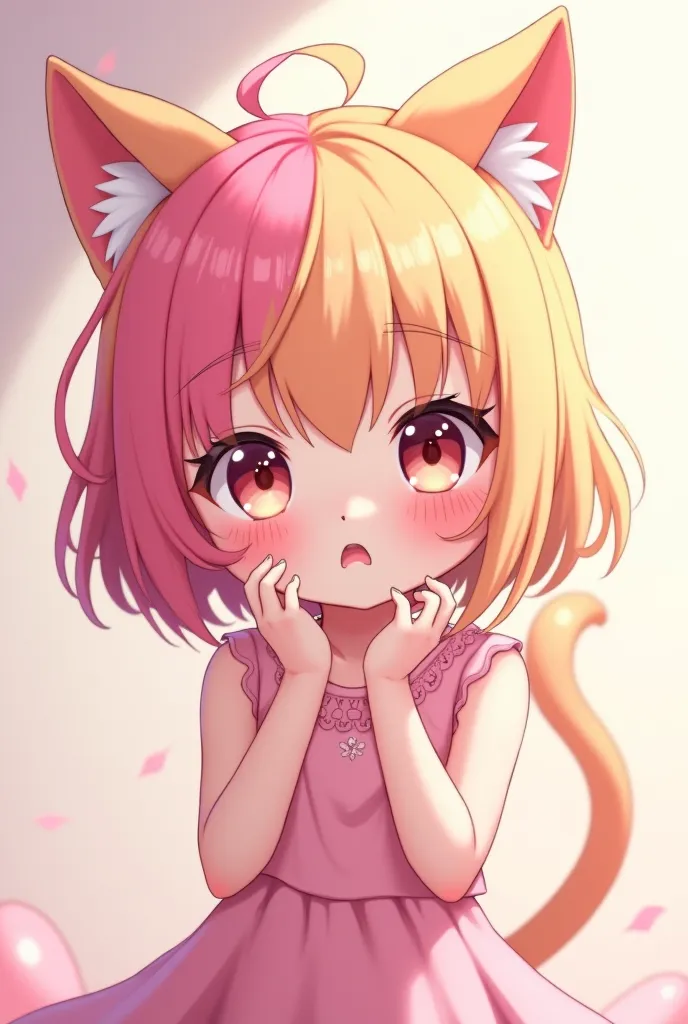 Anime cat girl with hair half pink and half blond using pink mais dress with embarrassed face age