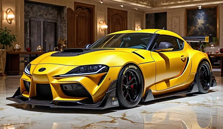 Only front and side view images of 2026 Toyota Supra Monster Edition in color combinations of yellow with black standing in luxury showroom.