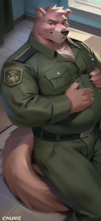 Solo, male Tall​l, Lying on the floor,Dark bathroom, pink bear ,tail crocodile long,​Tight hug on the chest.,black Green military​ uniform​ , overweight, muscular, Smirking evil ​, by chunie