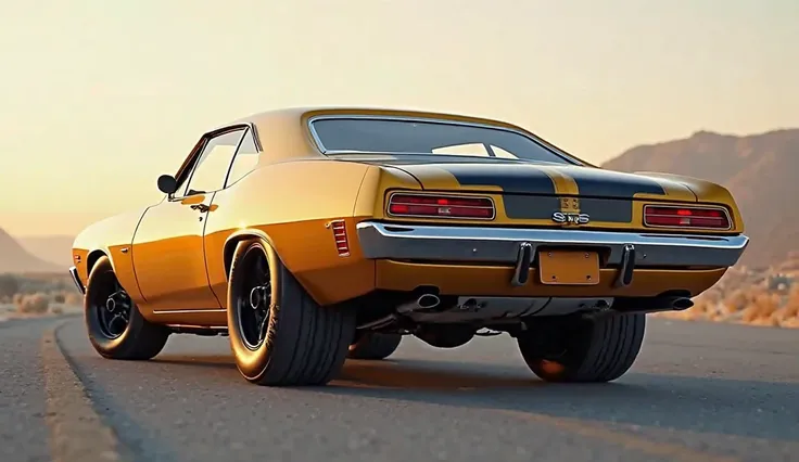 "A rear view of a vintage muscle car in gold with black racing stripes. The car features rectangular taillights, a chrome rear bumper, dual exhaust pipes, and a subtle rear spoiler. The wide tires and muscular stance emphasize its classic muscle design, se...