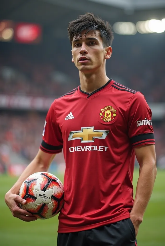 A football player wearing the Manchester club's official shirt has black hair, white skin, handsome and medium-muscle size. Next to him is a football held by his hand below his shoulder and in the background is the football field 