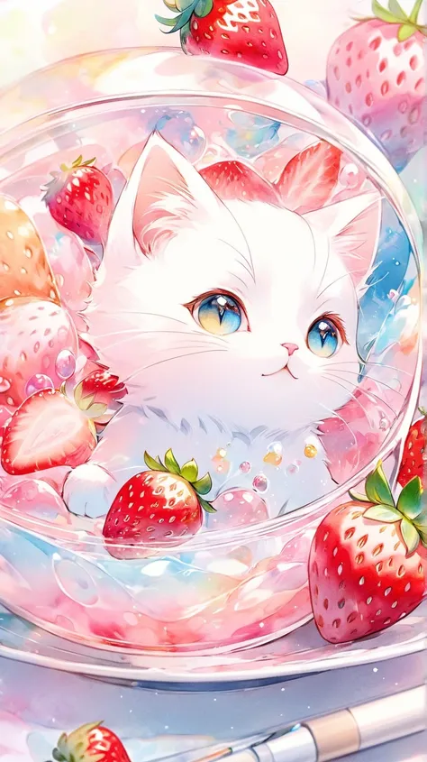 cute and gentle world of software,  fluffy, pastel colors, warm fantasy art,  Fantastic、cat、solo、 there are no humans,  has a lot of white space,   has a red background、strawberry、赤いstrawberry、Light color 、Lighten the color、pastel、 reduce contrast、Fluffy w...